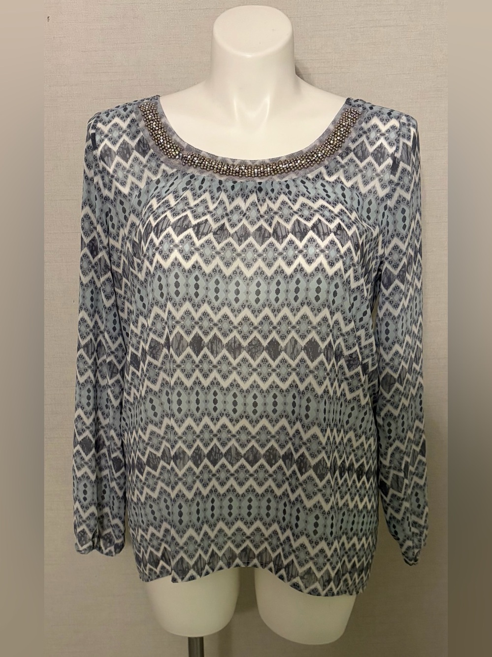 Plus Size 1(X) Maurice’s Beaded Neck Printed Long-Sleeve Women's Top